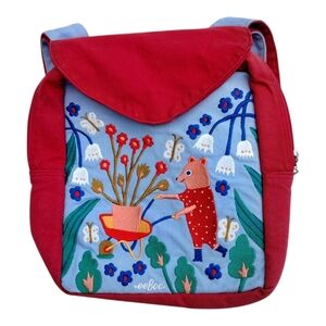 Eeboo Kid's Canvas Embroidered Garden Scene Backpack Cotton Blue Red Small Cute